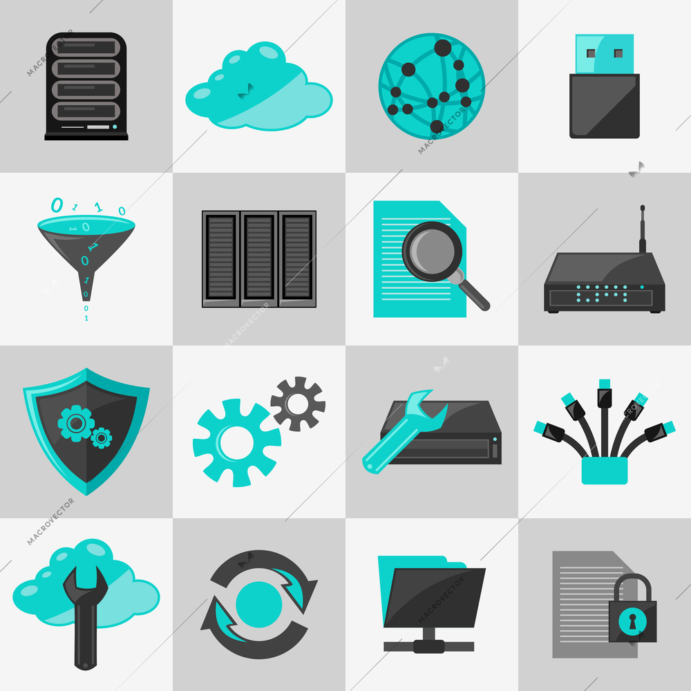 Database information technology network management icons flat set isolated vector illustration