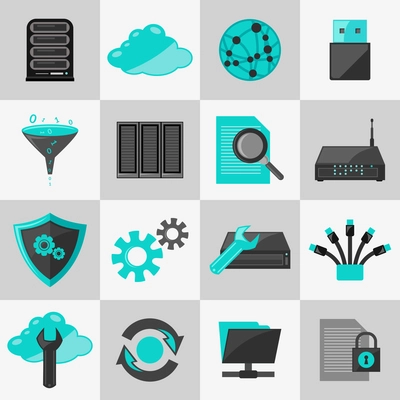 Database information technology network management icons flat set isolated vector illustration