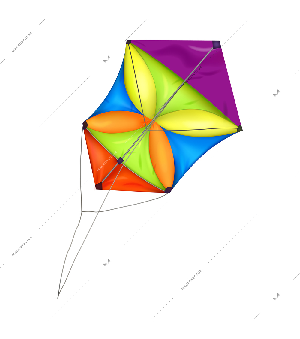 Realistic kite composition with realistic image of colorful kite on blank background vector illustration