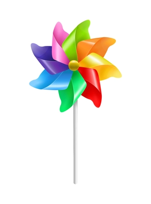 Realistic kite composition with realistic image of colorful wind mill toy on stick vector illustration