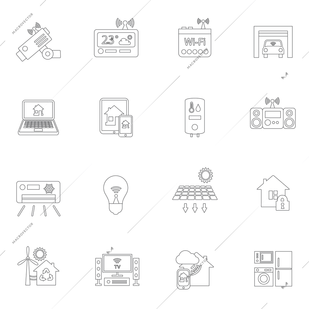 Smart home safety security control icons outline set isolated vector illustration