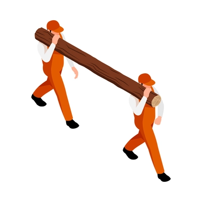 Isometric sawmill woodworking carpentry factory composition with two workers carrying long log on shoulders vector illustration