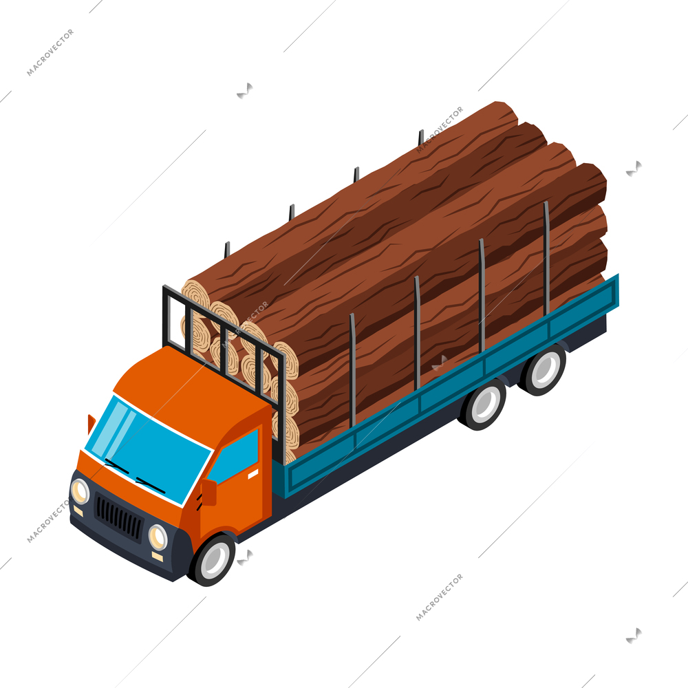 Isometric sawmill woodworking carpentry factory composition with truck loaded with tree trunks vector illustration