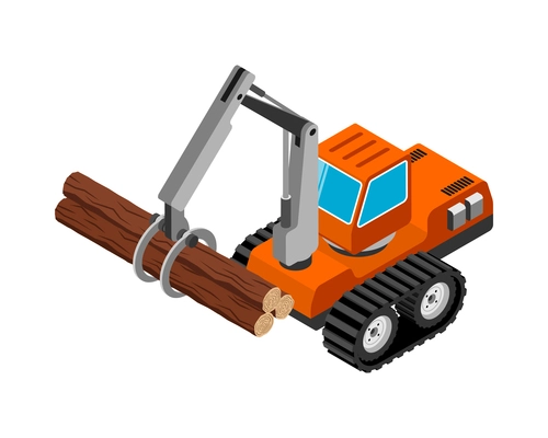 Isometric sawmill woodworking carpentry factory composition with bulldozer and hanging logs vector illustration