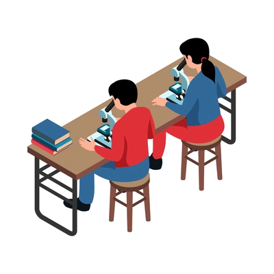 Isometric stem education composition with isolated image of desk with microscopes and children vector illustration