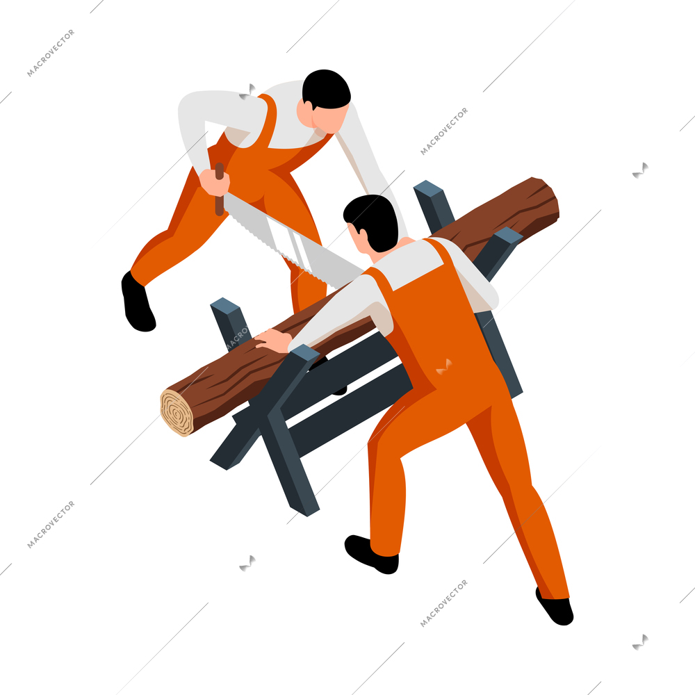 Isometric sawmill woodworking carpentry factory composition with two workers sawing up tree trunk vector illustration