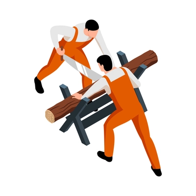 Isometric sawmill woodworking carpentry factory composition with two workers sawing up tree trunk vector illustration