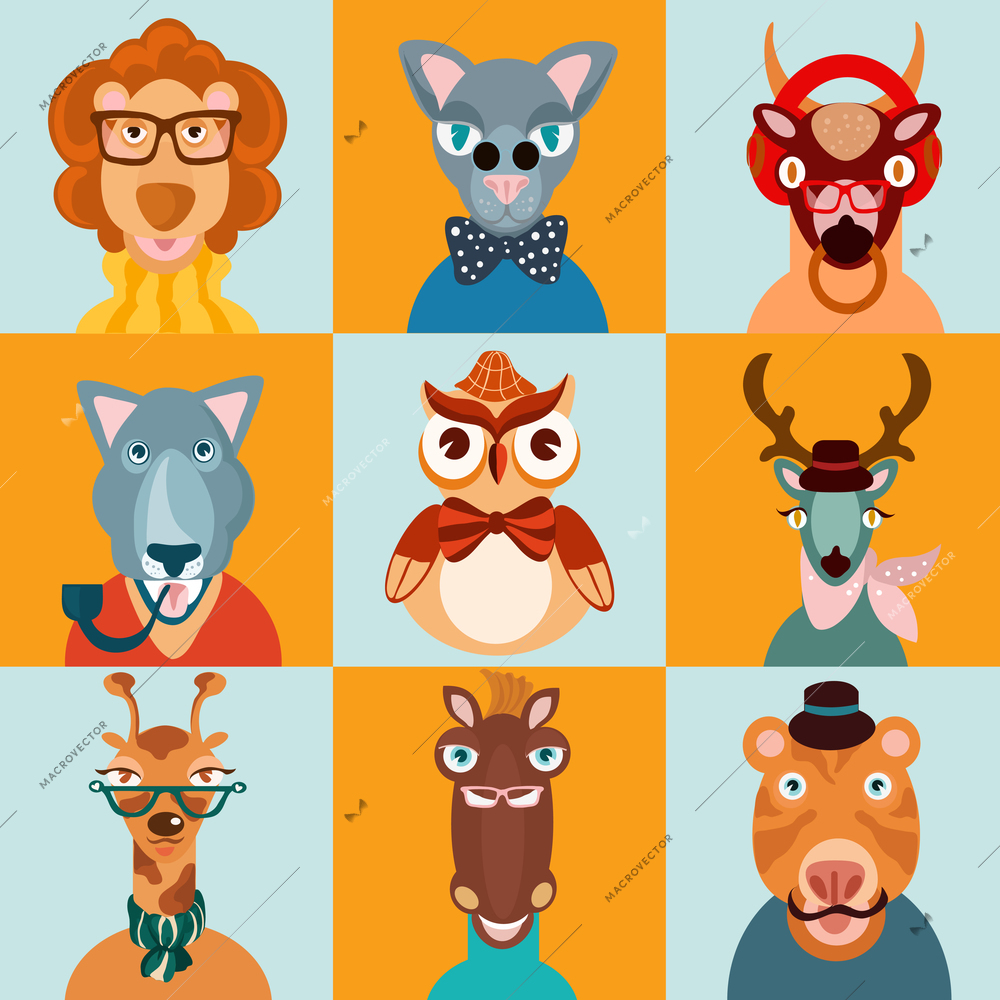 Hipster trendy dressed wild animals in hats and glasses bear wolf flat icons set isolated vector illustration