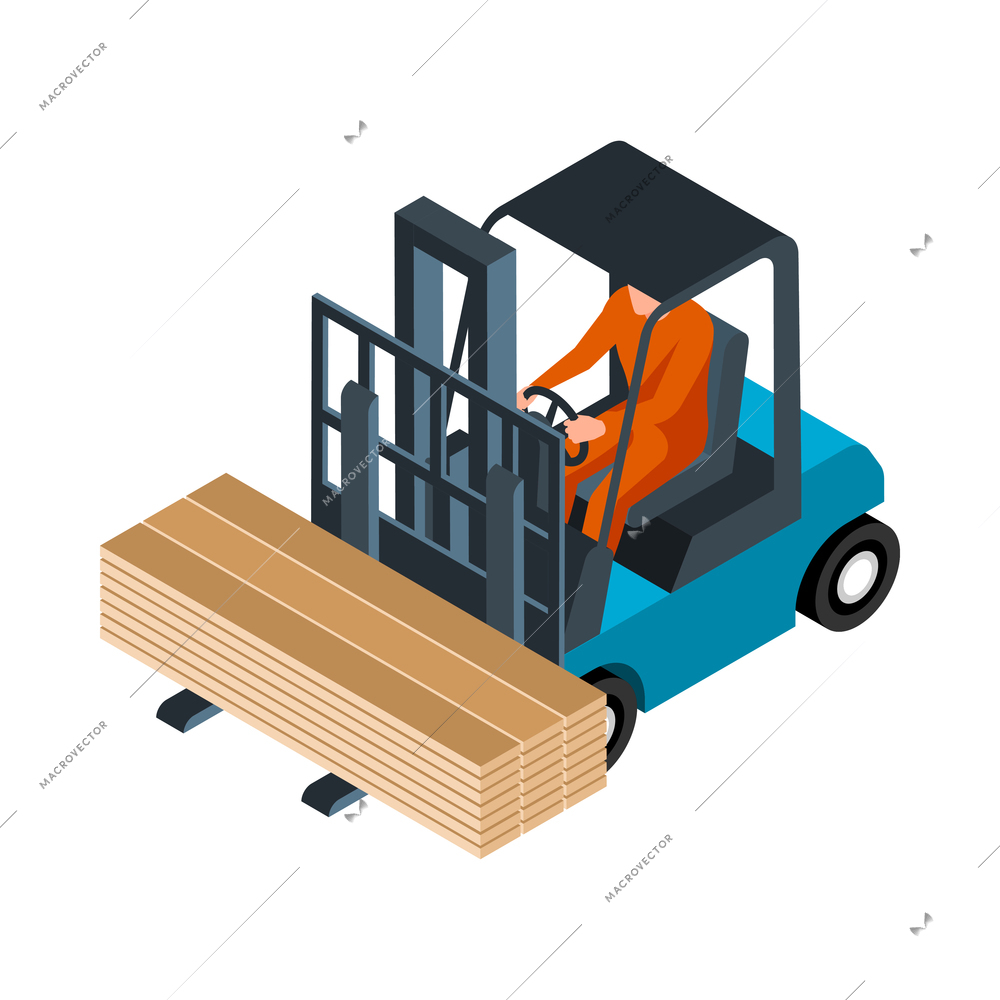 Isometric sawmill woodworking carpentry factory composition with isolated image of moving forklift vector illustration