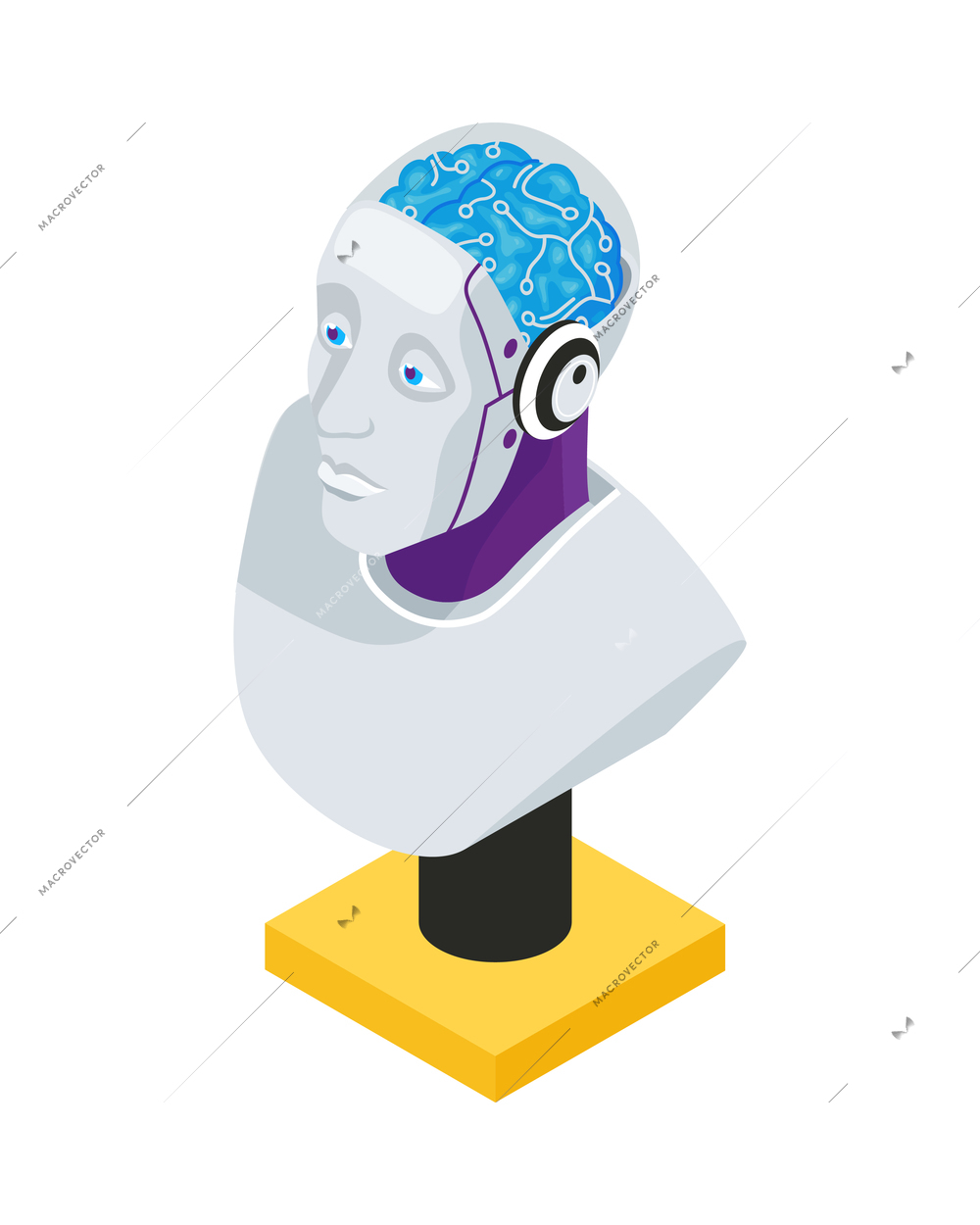 Isometric artificial intelligence composition with isolated image of human like robot bust vector illustration