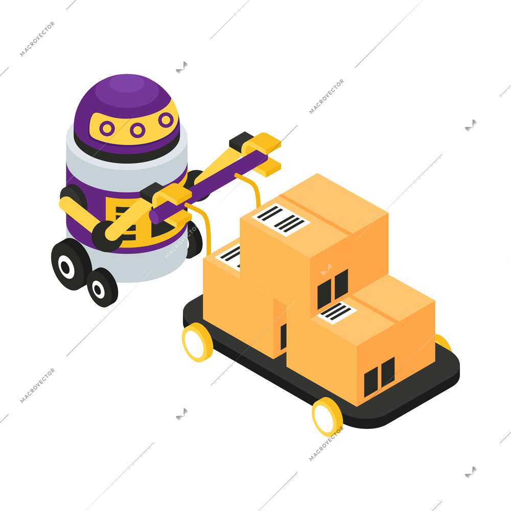 Isometric artificial intelligence composition with isolated image of robot moving cart with boxes vector illustration