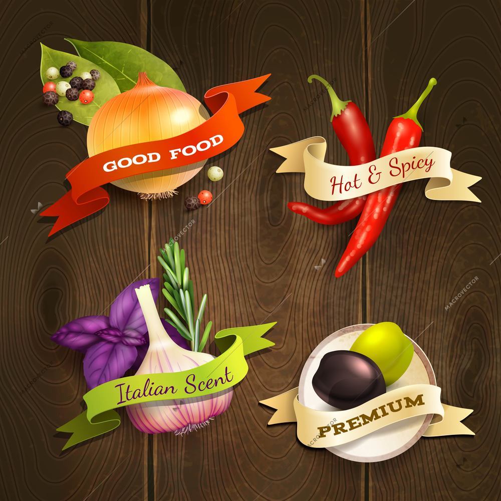 Realistic herbs and spices food decorative kitchen ribbon badges set on wooden background vector illustration