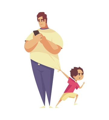 Gadget addiction composition with father chatting in smartphone while child tugging him along vector illustration