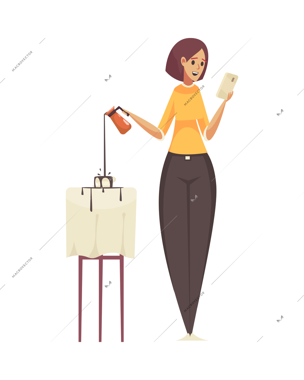 Gadget addiction composition with female character cooking cake while chatting in smartphone vector illustration