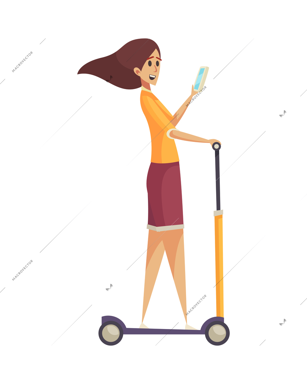 Gadget addiction composition with female character riding push bicycle while chatting in smartphone vector illustration