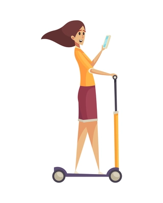 Gadget addiction composition with female character riding push bicycle while chatting in smartphone vector illustration