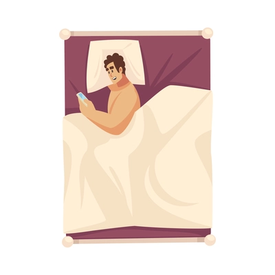 Gadget addiction composition with male character lying in bed while chatting in smartphone vector illustration