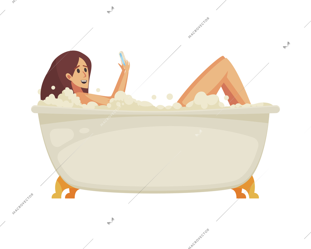 Gadget addiction composition with female character lying in bathtub while chatting in smartphone vector illustration