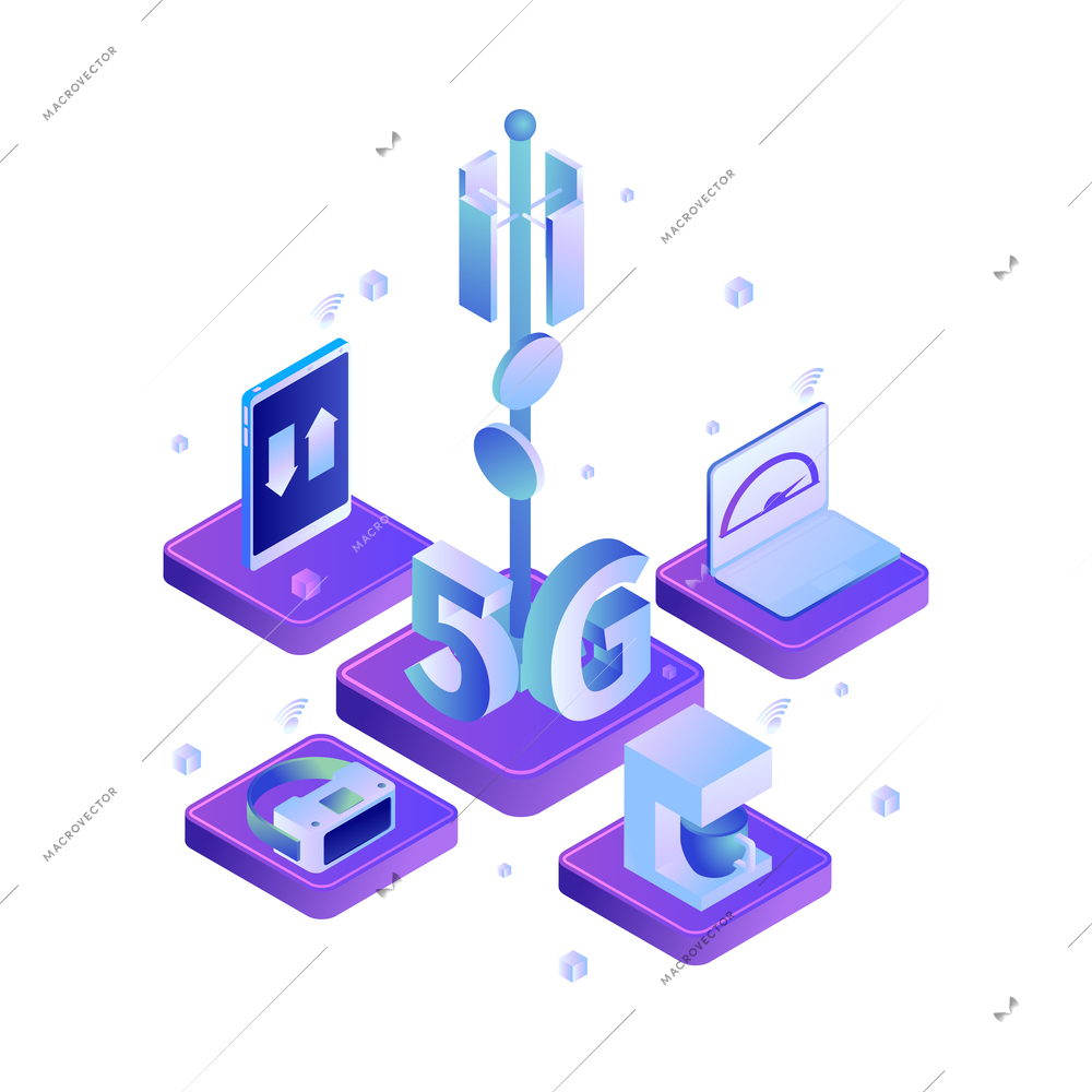 Isometric 5g internet technology composition with icons of electronic devices gadgets and network infrastructure elements vector illustration