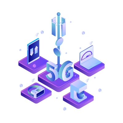 Isometric 5g internet technology composition with icons of electronic devices gadgets and network infrastructure elements vector illustration