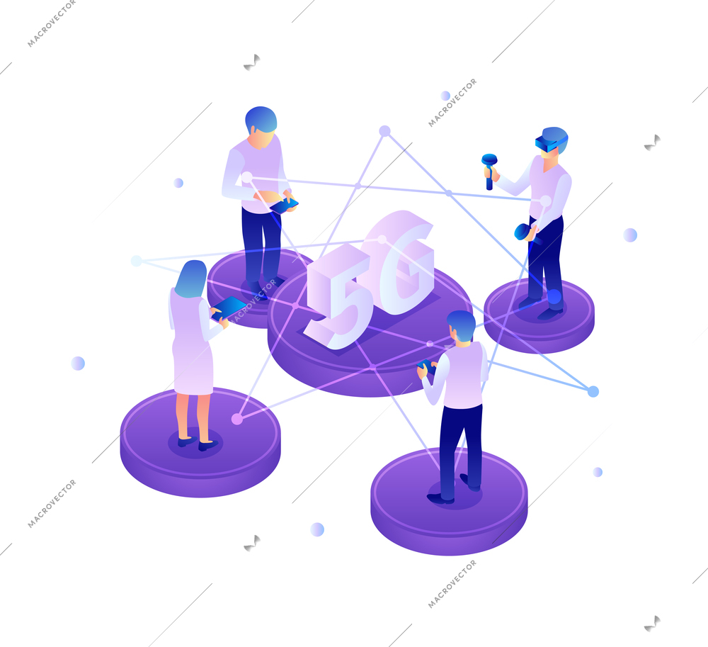 Isometric 5g internet technology composition with characters of people with gadgets connected to network vector illustration