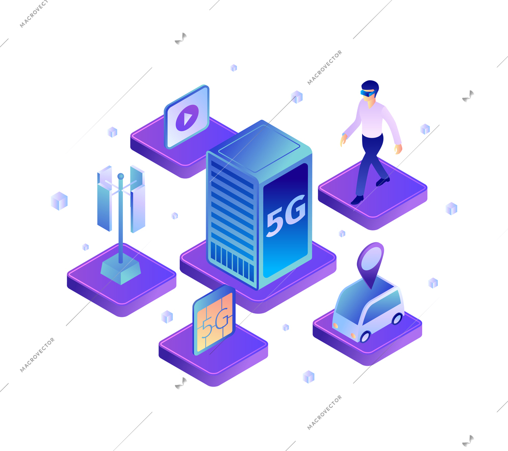 Isometric 5g internet technology composition with icons of server gadgets unmanned vehicle and network infrastructure elements vector illustration