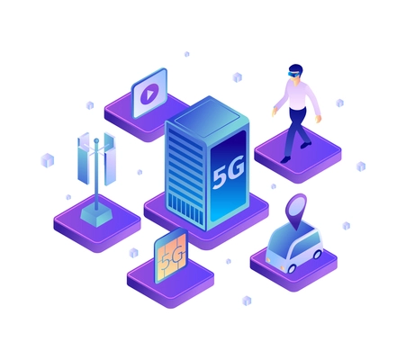 Isometric 5g internet technology composition with icons of server gadgets unmanned vehicle and network infrastructure elements vector illustration