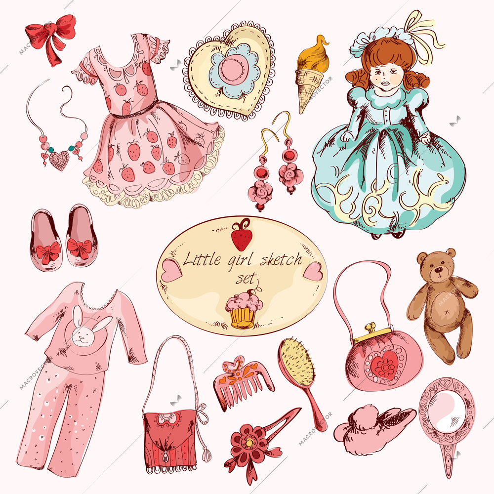 Little girl pink room accessories belongings set with dress toy bear doll abstract sketch  doodle vector illustration