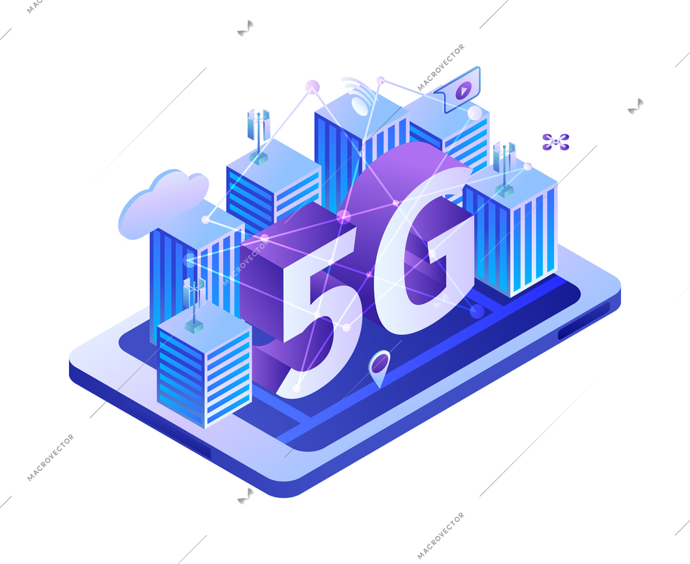 Isometric 5g internet technology composition with icons of tablet city buildings and network infrastructure elements vector illustration