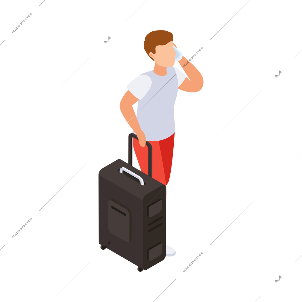Traveling people isometric composition with isolated human character carrying suitcase vector illustration