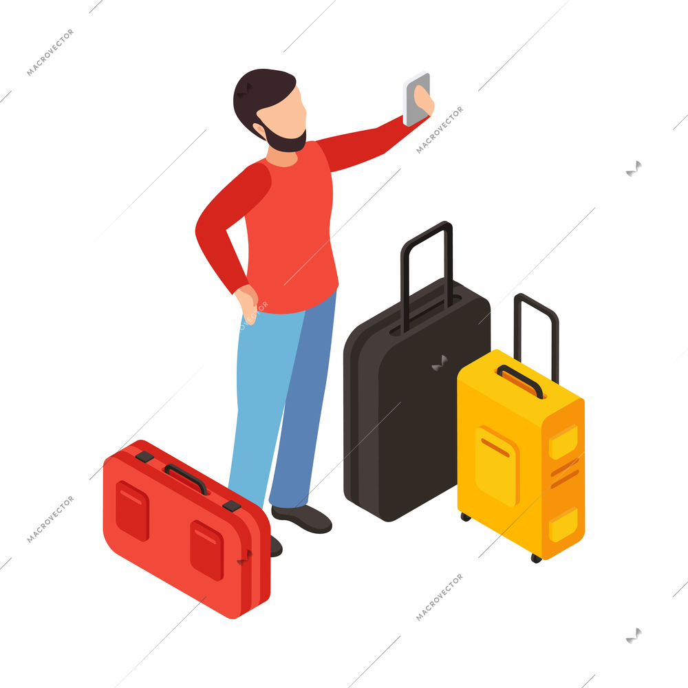 Traveling people isometric composition with isolated human character with suitcases taking selfie vector illustration