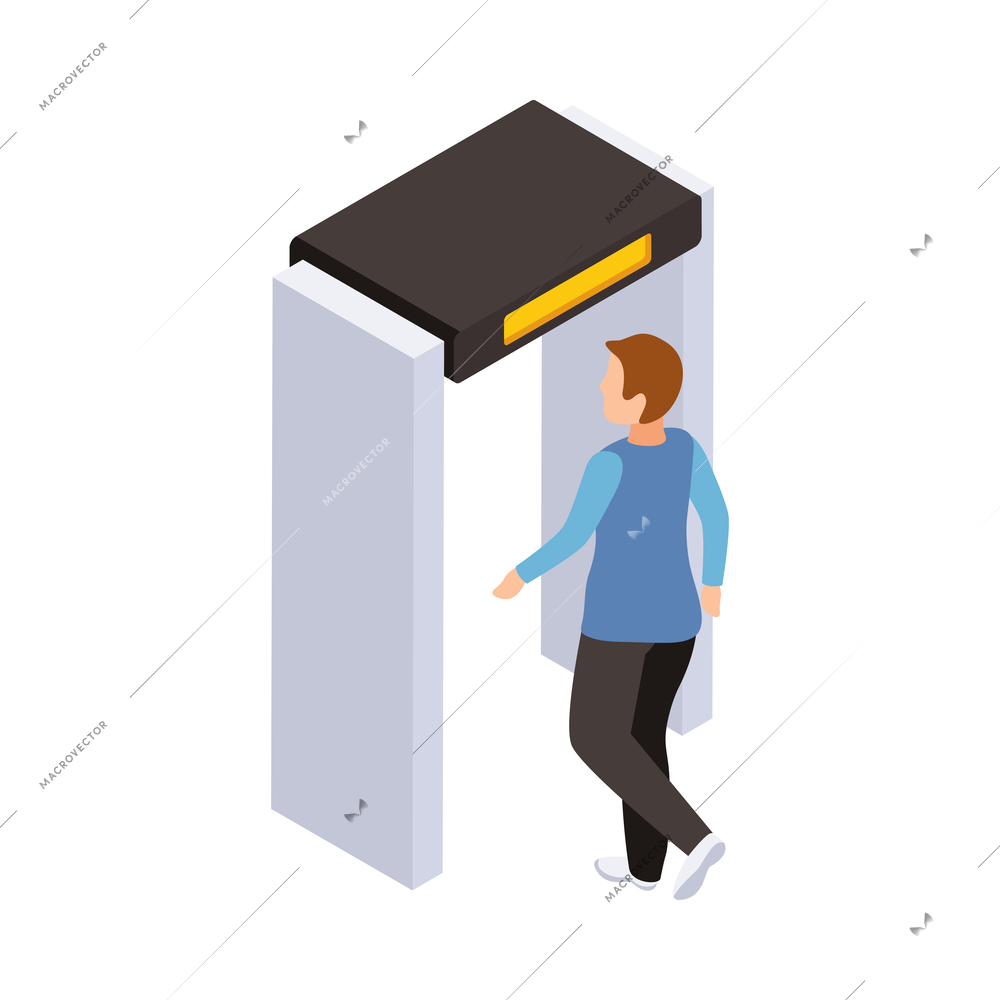 Traveling people isometric composition with isolated human character walking into metal detector frame vector illustration