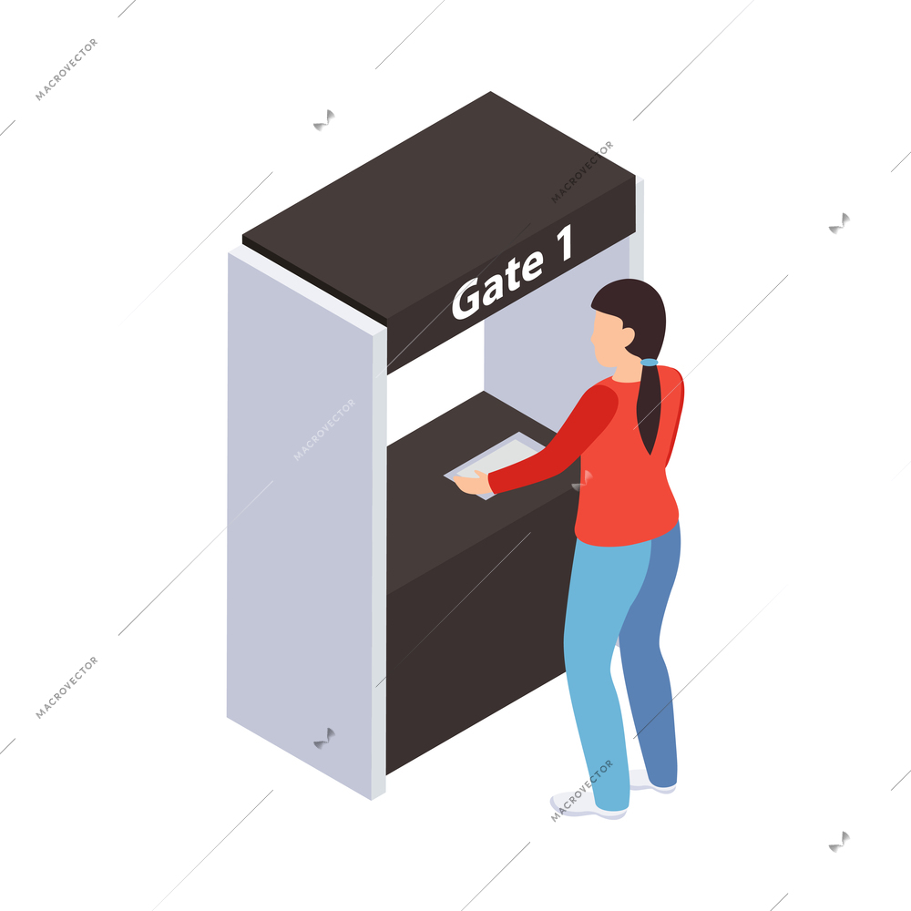Traveling people isometric composition with isolated female traveler character at airport gate counter vector illustration