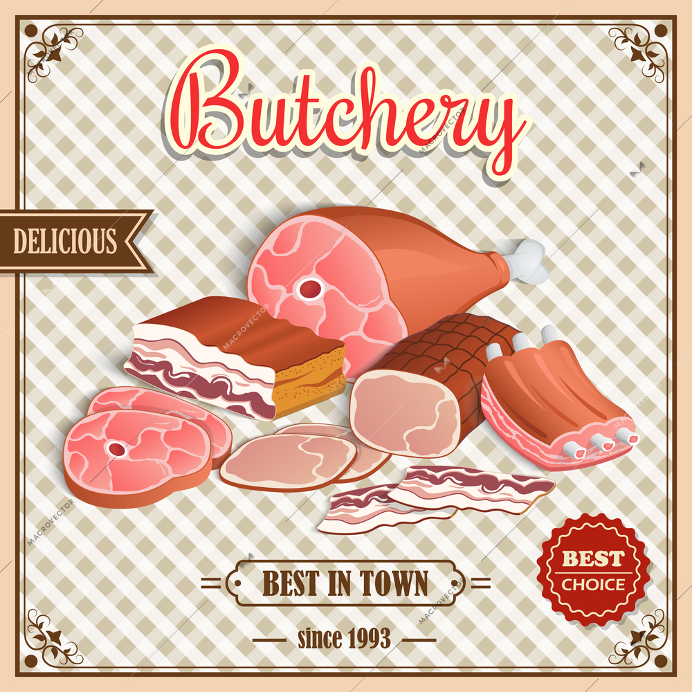 Meat label best choice retro butchery poster on squared background vector illustration