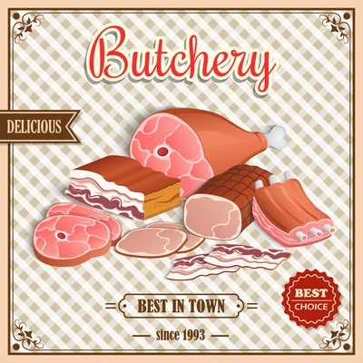 Meat label best choice retro butchery poster on squared background vector illustration