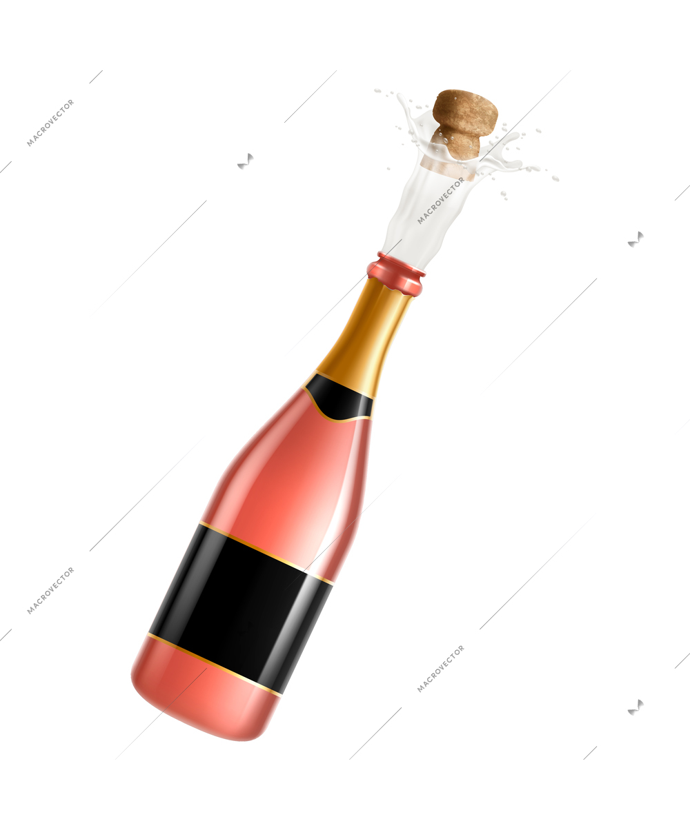 Champagne bottles realistic composition with isolated image of bottle with flying cork vector illustration
