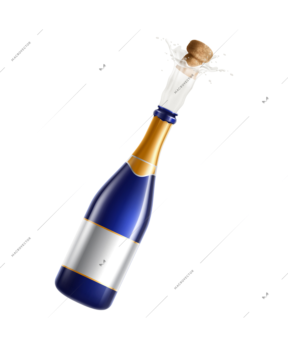 Champagne bottles realistic composition with isolated image of bottle with flying cork vector illustration