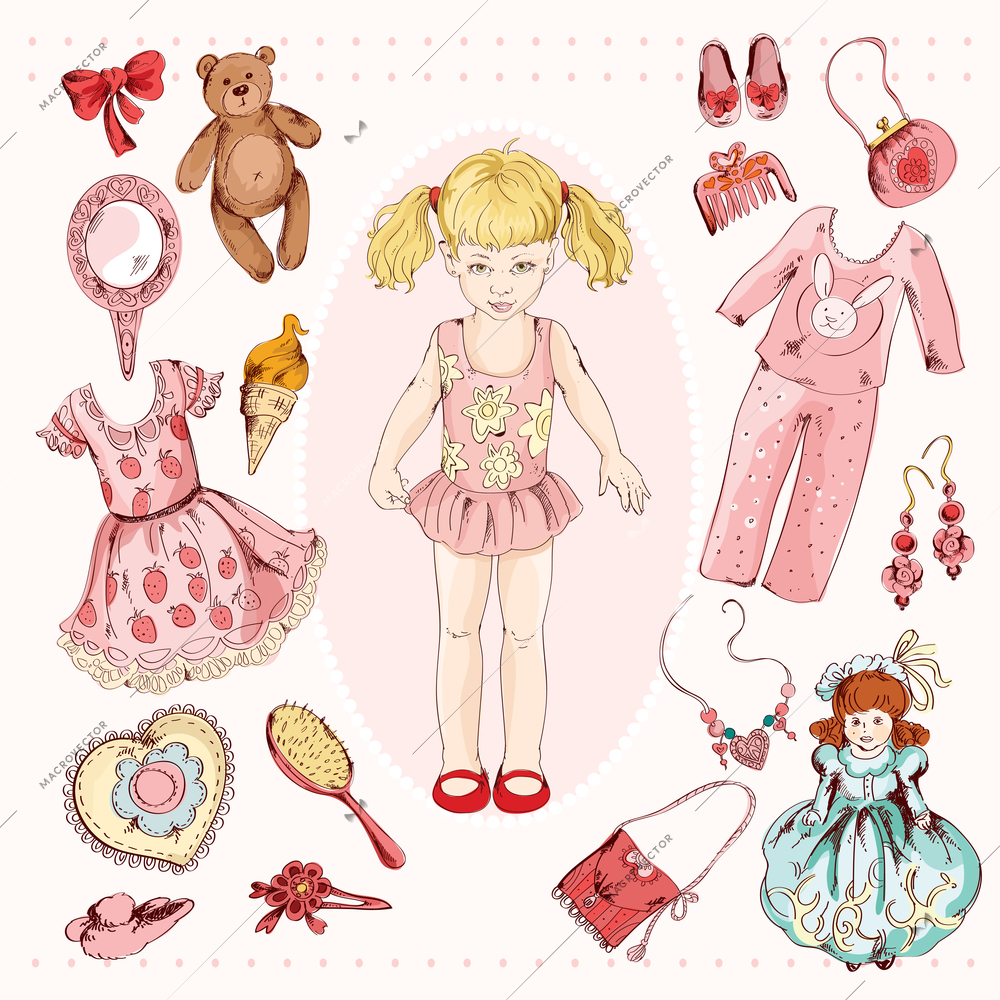 Little girl paper doll album project accessories set print with child character dress pajama sketch vector illustration