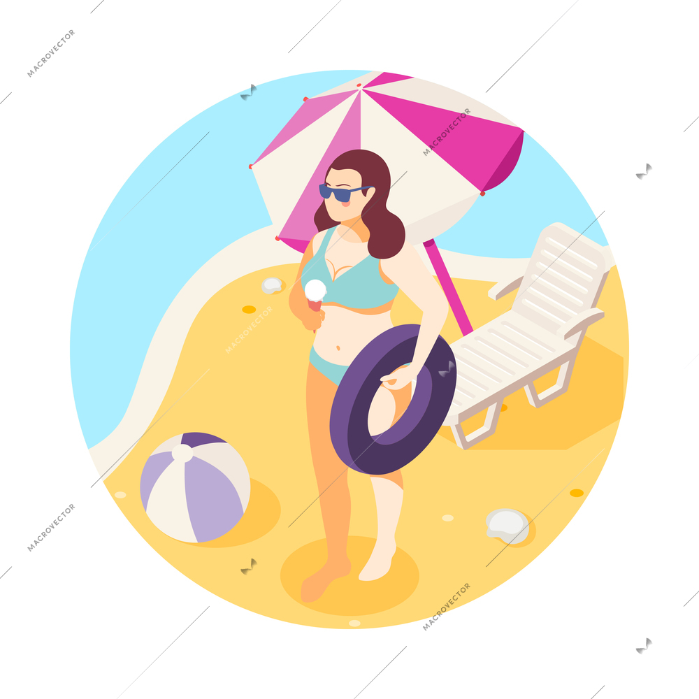 Large size people isometric round composition with plus size woman on beach with inflatable ring vector illustration