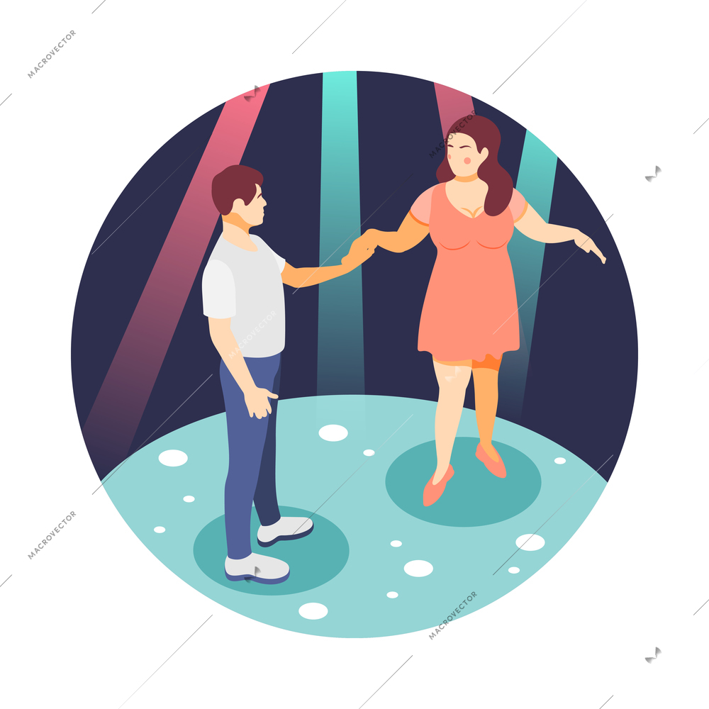 Large size people isometric round composition with characters of plus size dancing partners vector illustration