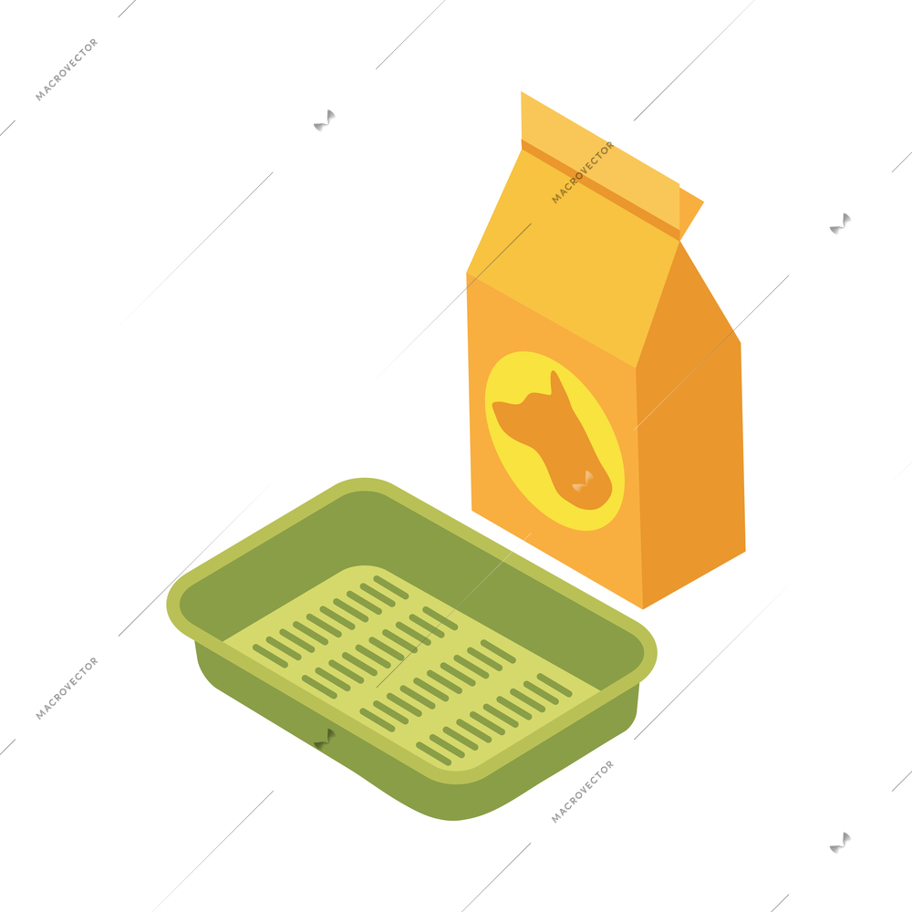 Pet animals isometric composition with isolated view of litter tray with pack of litter vector illustration