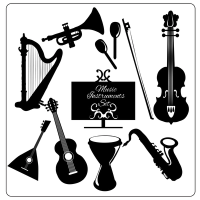 Classic musical orchestral instruments black icons set of guitar violin trumpet harp sketch vector abstract isolated illustration