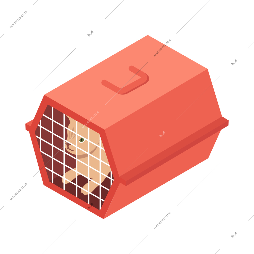 Pet animals isometric composition with isolated view of cat sitting inside plastic carrier cage vector illustration