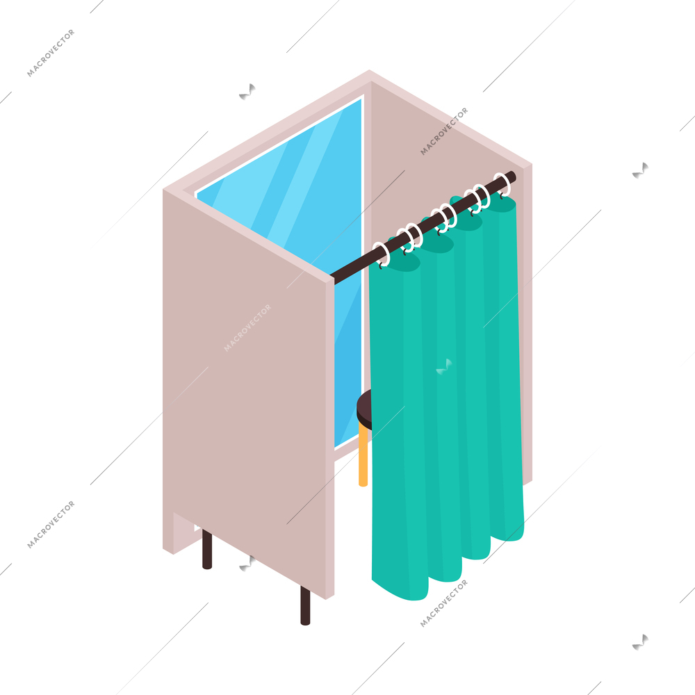 Isometric clothing store shopping composition with isolated image of fitting room with curtain and mirror vector illustration