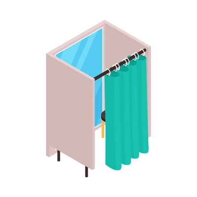 Isometric clothing store shopping composition with isolated image of fitting room with curtain and mirror vector illustration