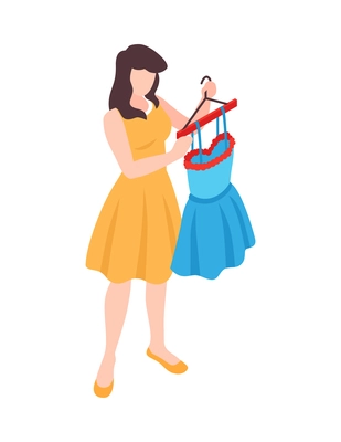 Isometric clothing store shopping composition with isolated character of woman holding new dress vector illustration