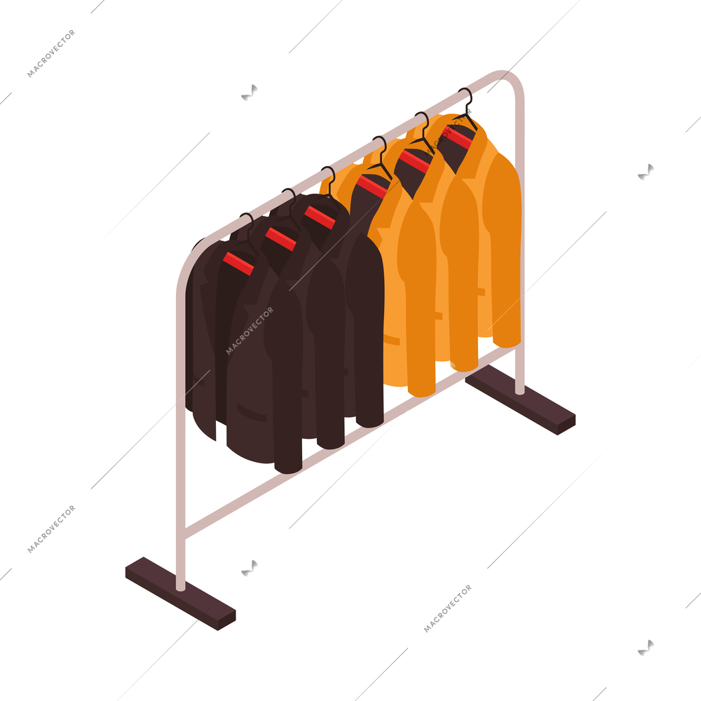 Isometric clothing store shopping composition with colorful jackets hanging on rail stand vector illustration