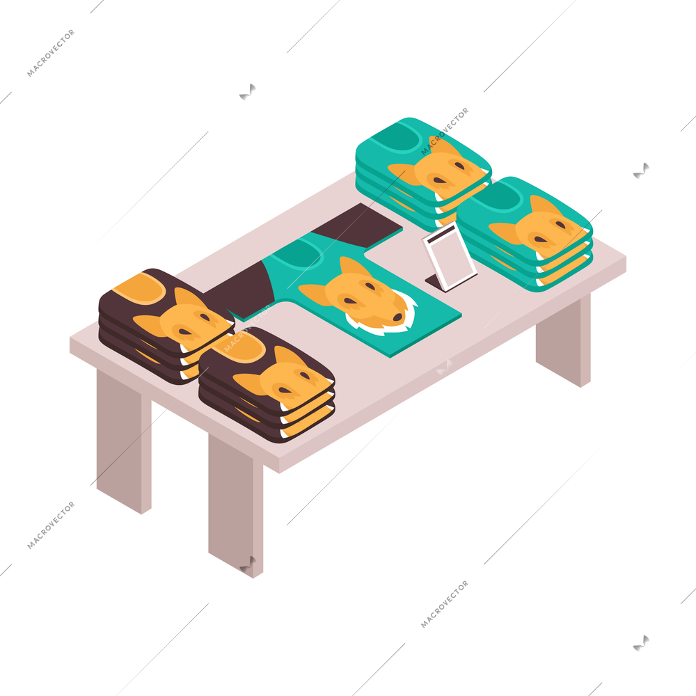 Isometric clothing store shopping composition with isolated image of t-shirts showcase with fox artwork vector illustration