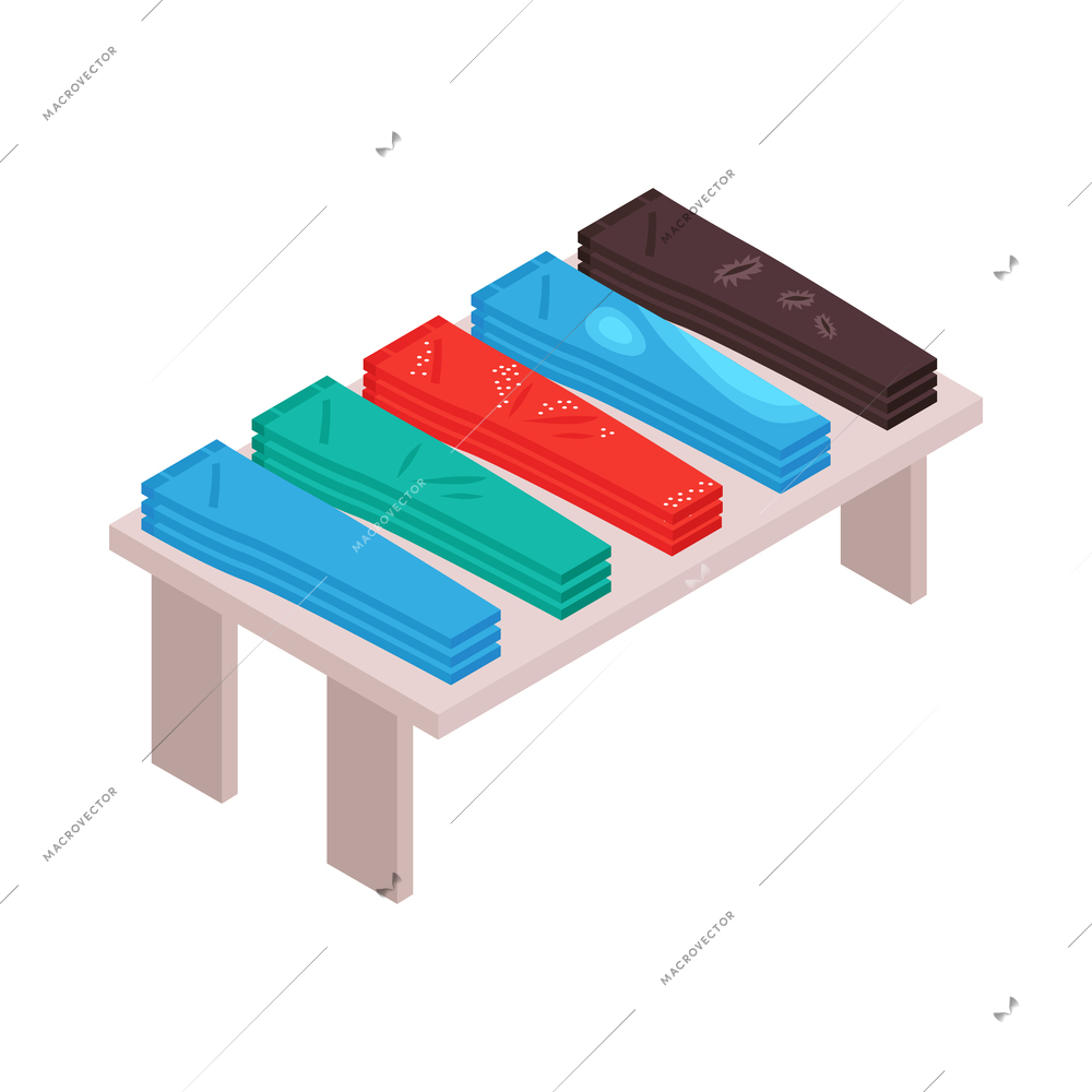 Isometric clothing store shopping composition with isolated image of table with colorful jeans vector illustration