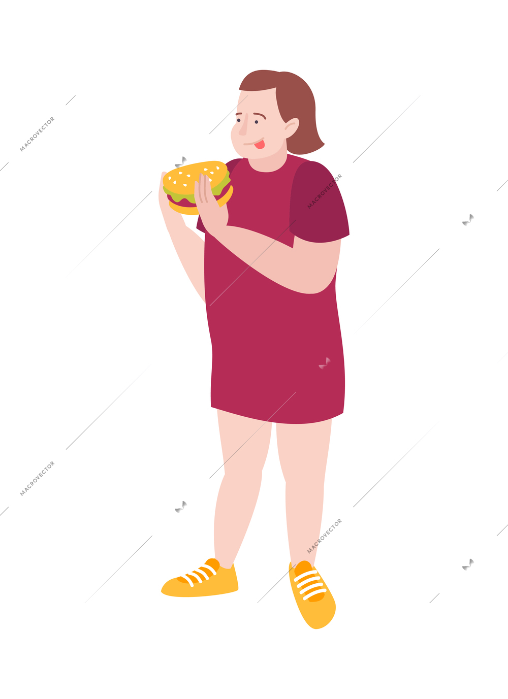 Fat people obesity composition with isolated doodle character of girl eating burger vector illustration